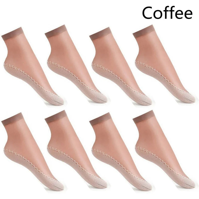 10Pairs Soft Thin Silk Non-Slip Bottom Splice Fashion Transparent Breathable Black Girls Women Socks