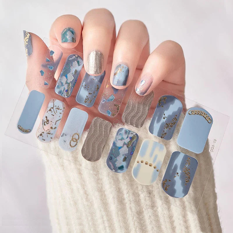 16/22 Tips 3D Nail Art Sticker Fall Christmas Snow Blue Diamonds Full Manicure DIY Nail Strips Decor