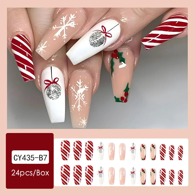 24pcs Christmas Design False French Style Almond Reusable Adhesives Acrylic Nail Tip Press On Nails
