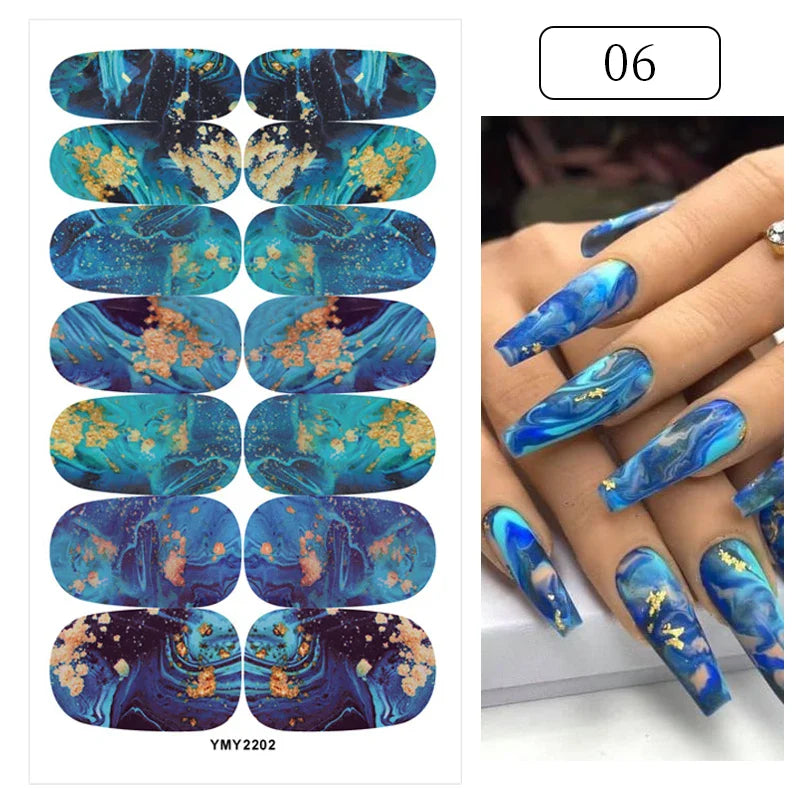 16/22 Tips 3D Nail Art Sticker Fall Christmas Snow Blue Diamonds Full Manicure DIY Nail Strips Decor