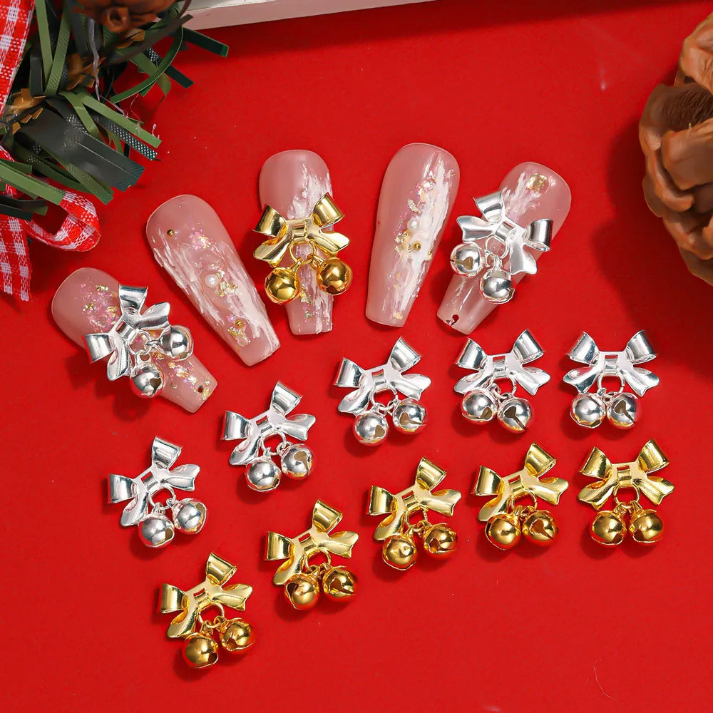 10pcs Christmas Small Bell Charms Crystal Bowknot Ornament DIY Exquisite Accessories Gold Nails Art