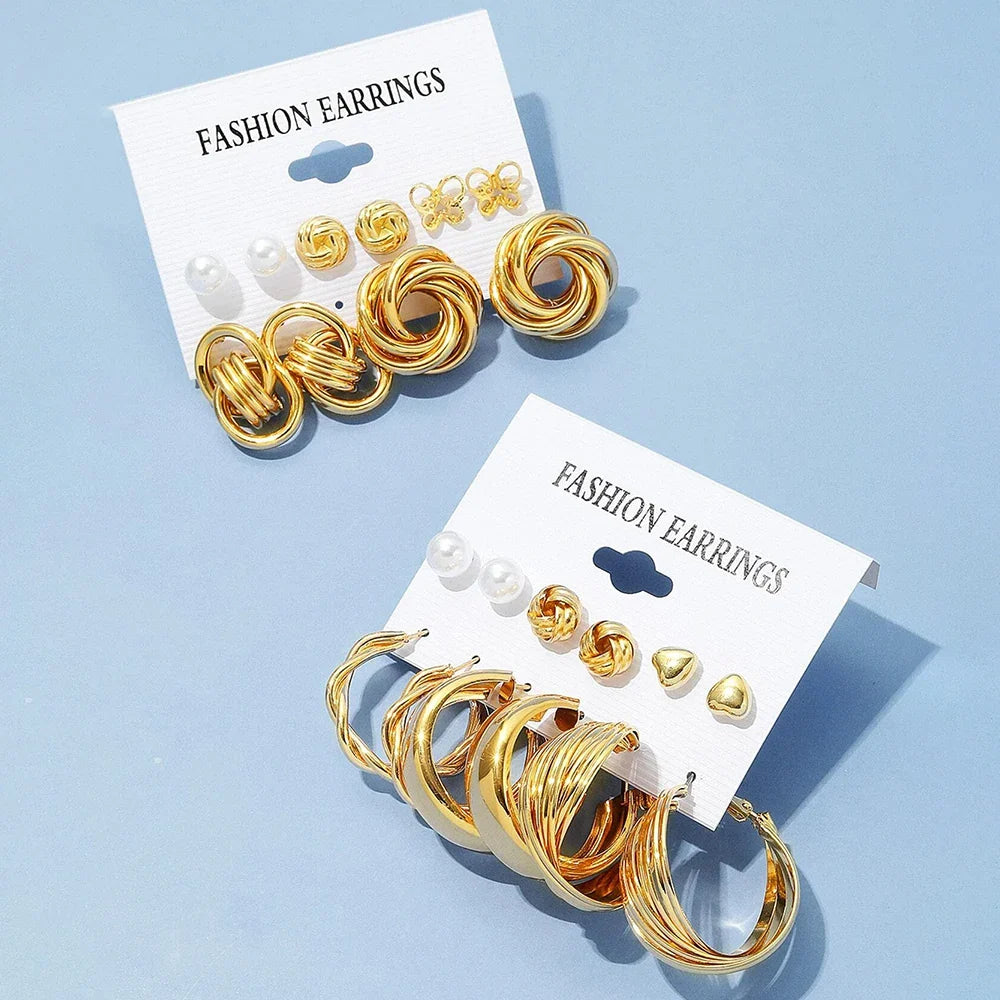 12 pcs Earrings Set Women Personality Versatile Simple Retro Gold Butterfly Love Heart Inlaid Pearl