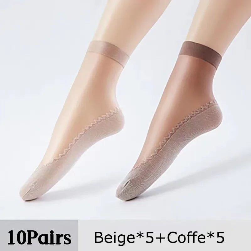 10Pairs Soft Thin Silk Non-Slip Bottom Splice Fashion Transparent Breathable Black Girls Women Socks