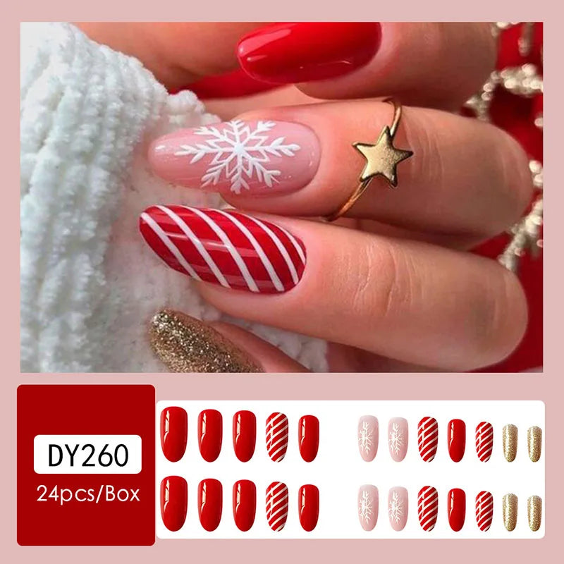 24pcs Christmas Design False French Style Almond Reusable Adhesives Acrylic Nail Tip Press On Nails