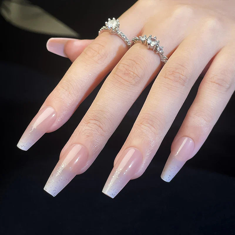 24pcs Casual Gradient Glitter Romantic Removable Full Coverage Pink Silver Women Press On Nails