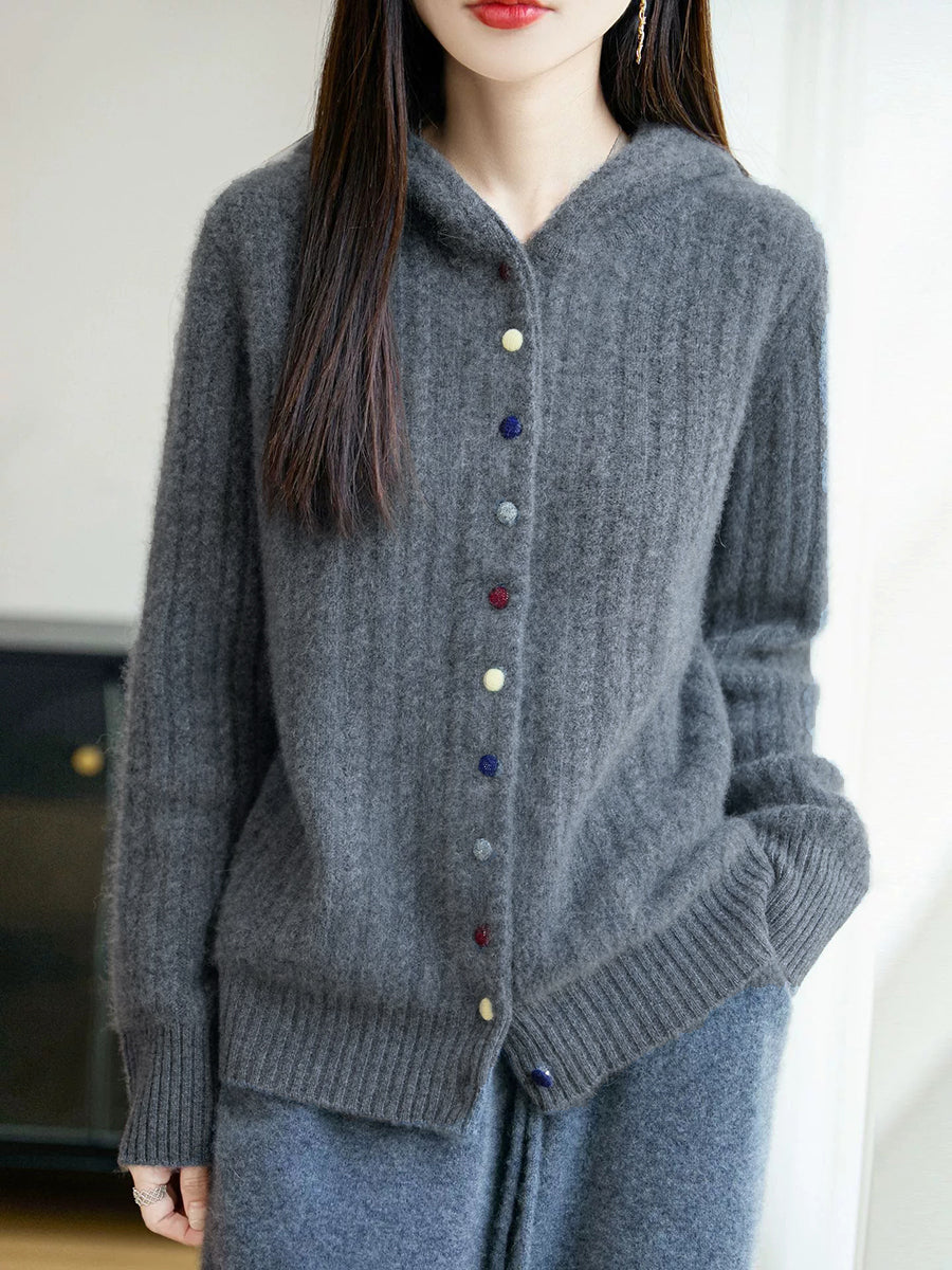 Women Autumn Casual Pure Color Wool Hooded Sweater