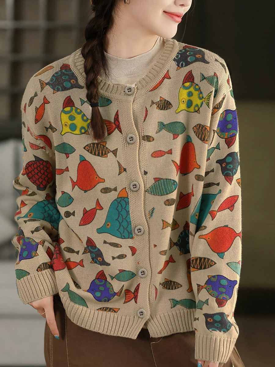 Women Autumn Artsy Cartoon Fish O-Neck Sweater