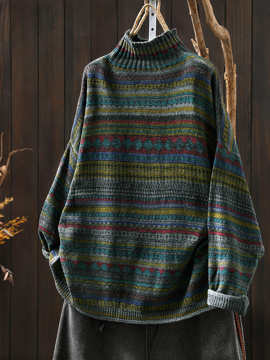 Women Autumn Vintage Stripe Half-Turtleneck Sweater