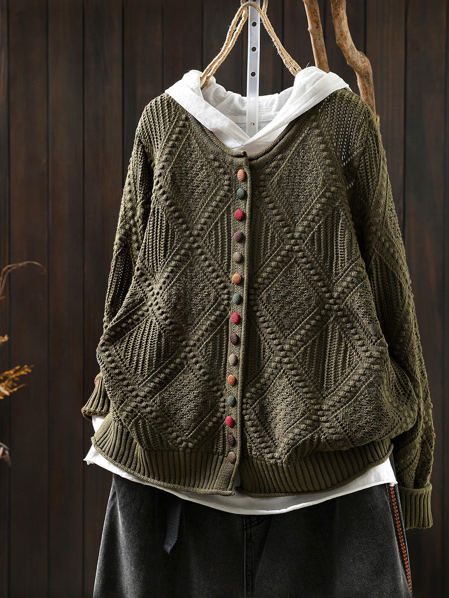 Women Autumn Vintage Rhomboids Knitted O-Neck Sweater